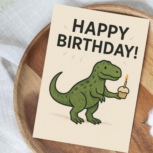 Dinosaur Birthday Card – Cute Dino with Cupcake & Candle – Funny Happy Birthday Card for All Ages – Quirky Greeting Card