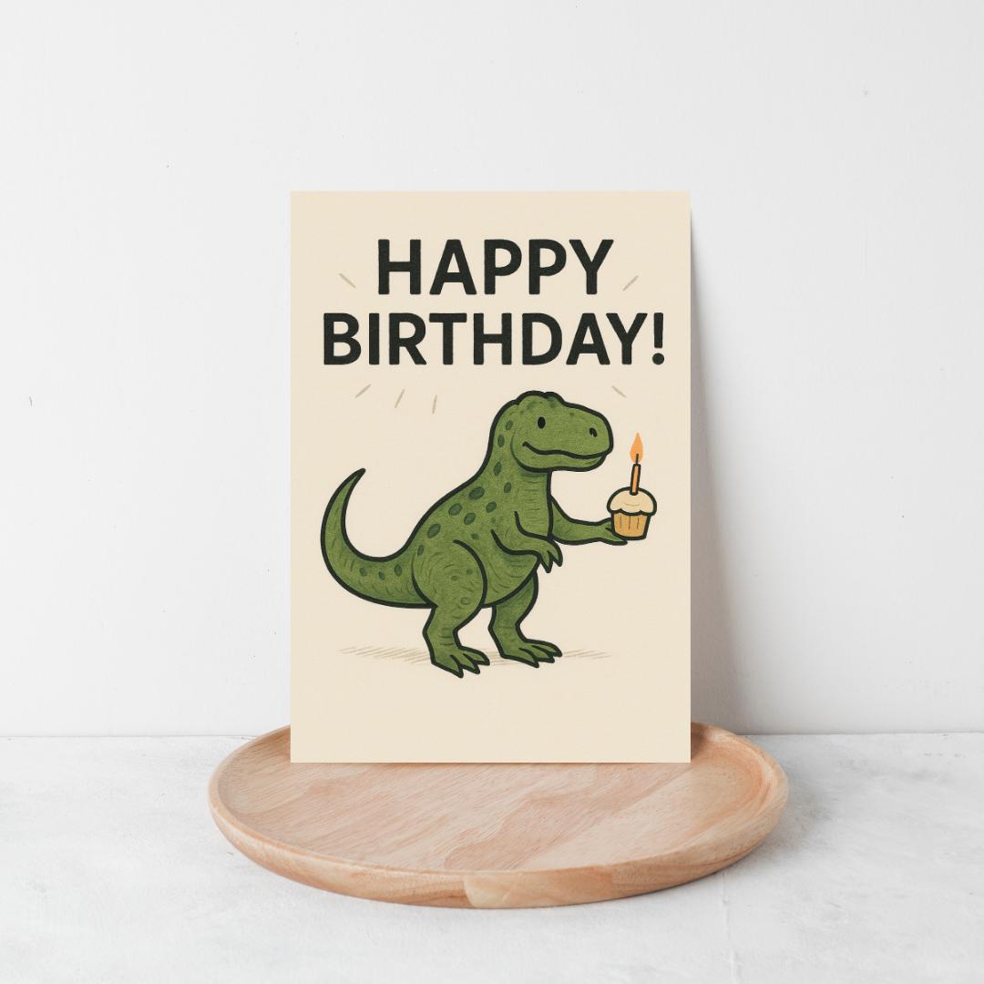 Dinosaur Birthday Card β Cute Dino with Cupcake & Candle β Funny Happy Birthday Card for All Ages β Quirky Greeting Card