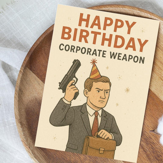 Corporate Weapon Birthday Card – Funny Hand-Drawn Business-Themed Card – Professional & Funny Birthday Greeting
