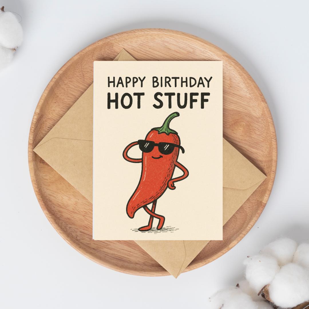 Funny Birthday Card | Happy Birthday Hot Stuff Chili Pepper | Hand-Drawn Cool Chili Card | Quirky Pun Greeting Card for Him or Her