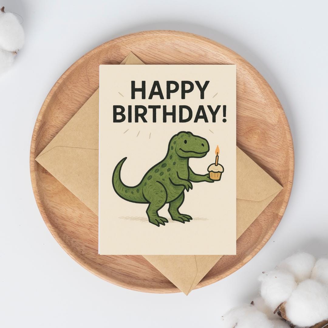 Dinosaur Birthday Card β Cute Dino with Cupcake & Candle β Funny Happy Birthday Card for All Ages β Quirky Greeting Card