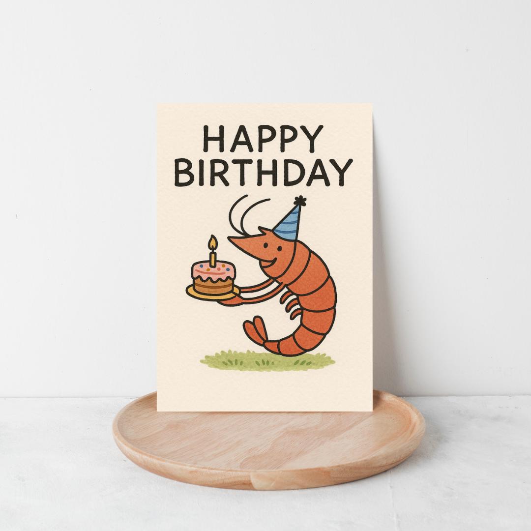 Cute Shrimp Birthday Card - Whimsical Crustacean Greeting Card - Quirky Happy Birthday Card with Cake - Unique Animal Card for Friends
