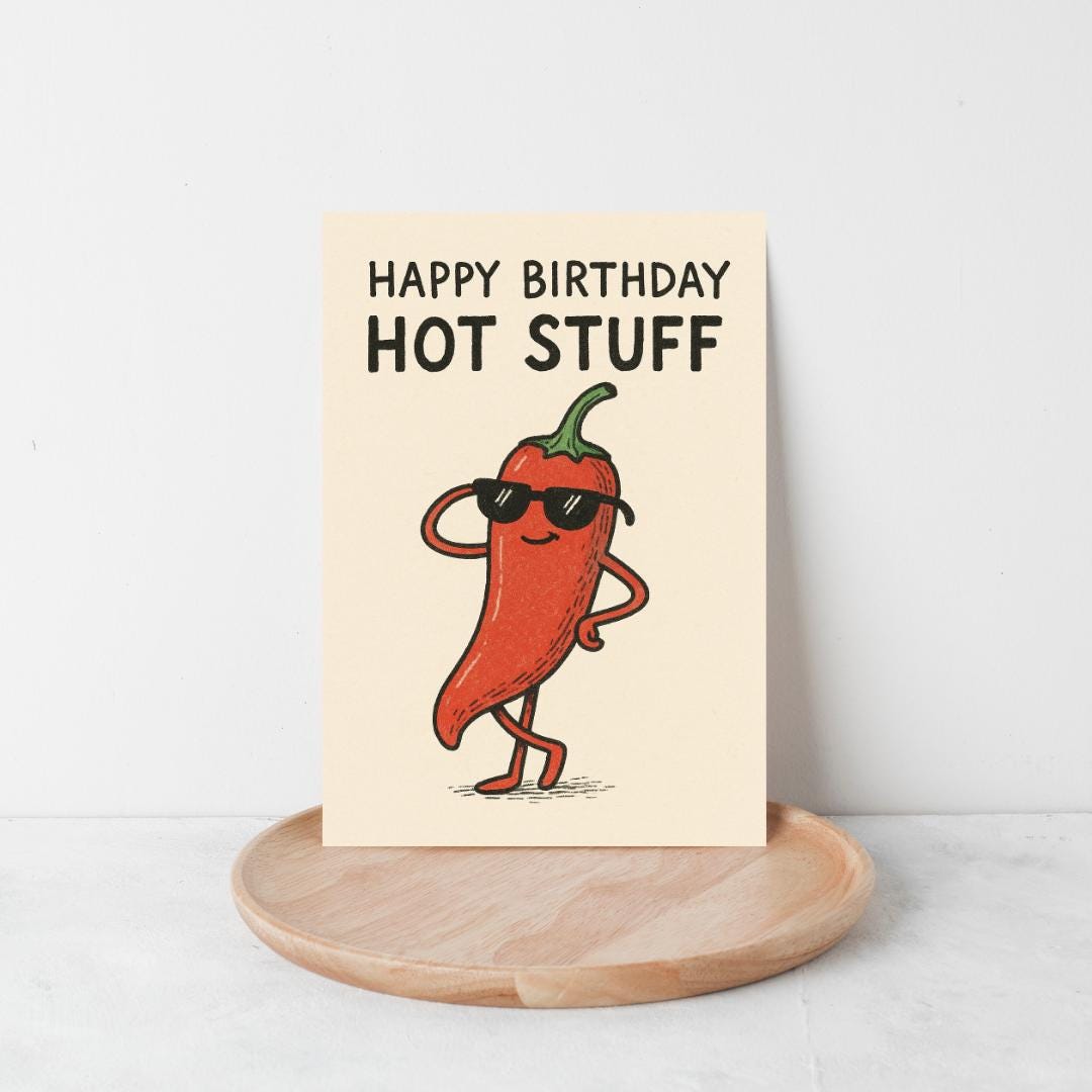 Funny Birthday Card | Happy Birthday Hot Stuff Chili Pepper | Hand-Drawn Cool Chili Card | Quirky Pun Greeting Card for Him or Her
