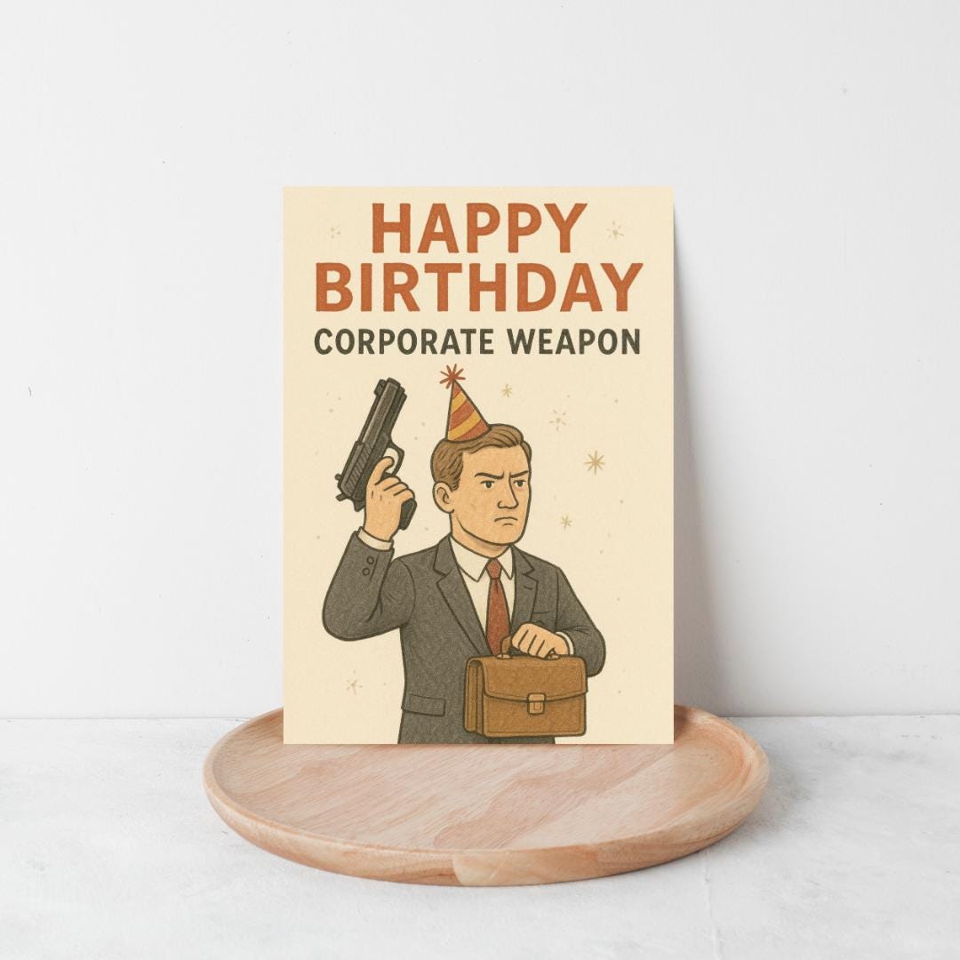 Corporate Weapon Birthday Card – Funny Hand-Drawn Business-Themed Card – Professional & Funny Birthday Greeting