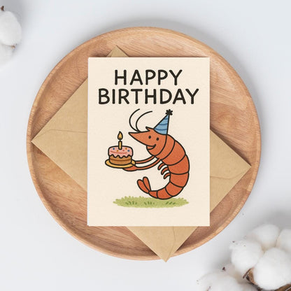Cute Shrimp Birthday Card - Whimsical Crustacean Greeting Card - Quirky Happy Birthday Card with Cake - Unique Animal Card for Friends